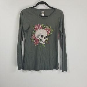 Ed Hardy longsleeve knit top M green skull/roses